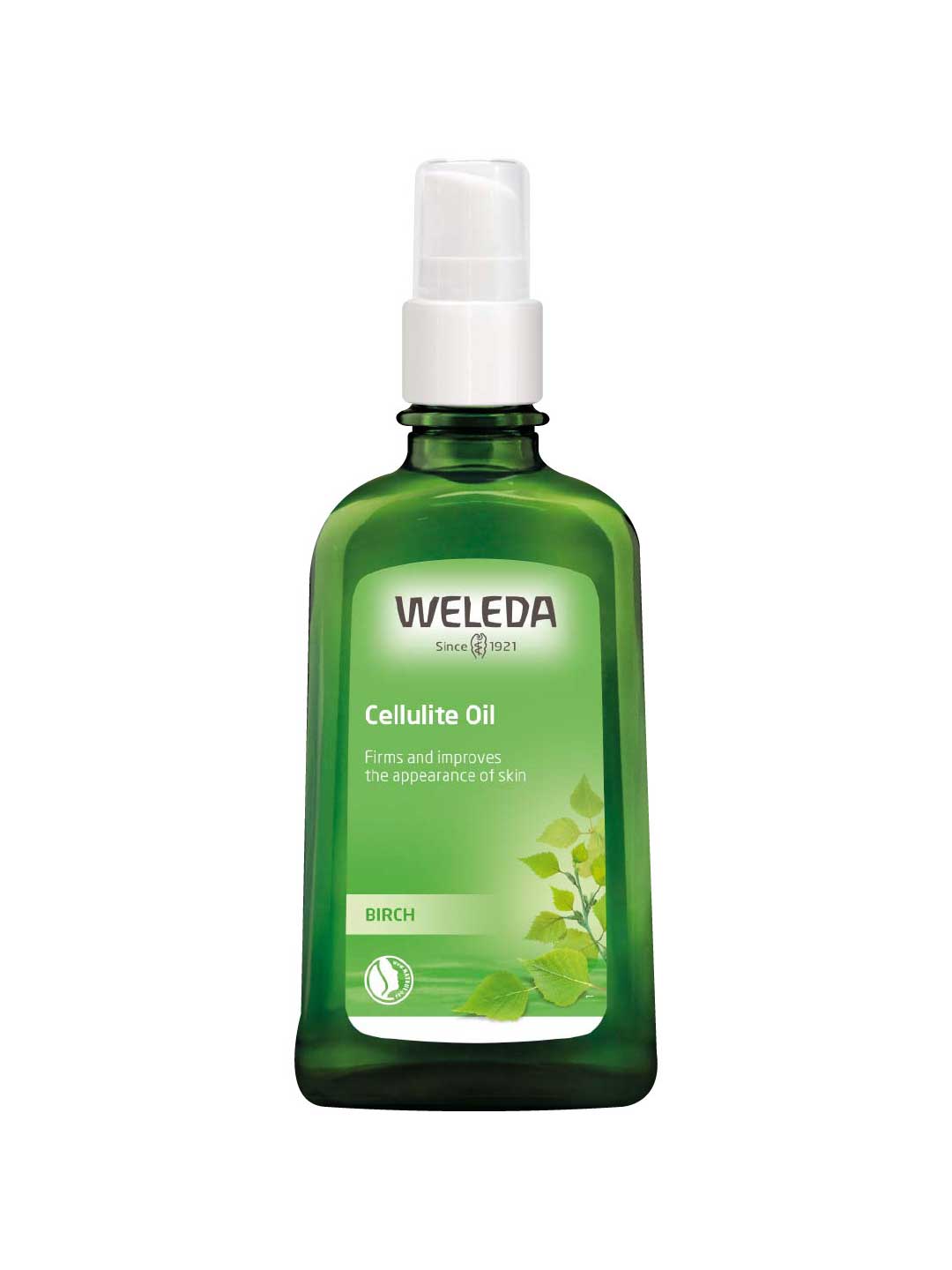 A green glass bottle of Weleda Birch Cellulite Oil 100ml with a white pump dispenser. The label displays the brand name, product name, and an illustration of birch leaves.