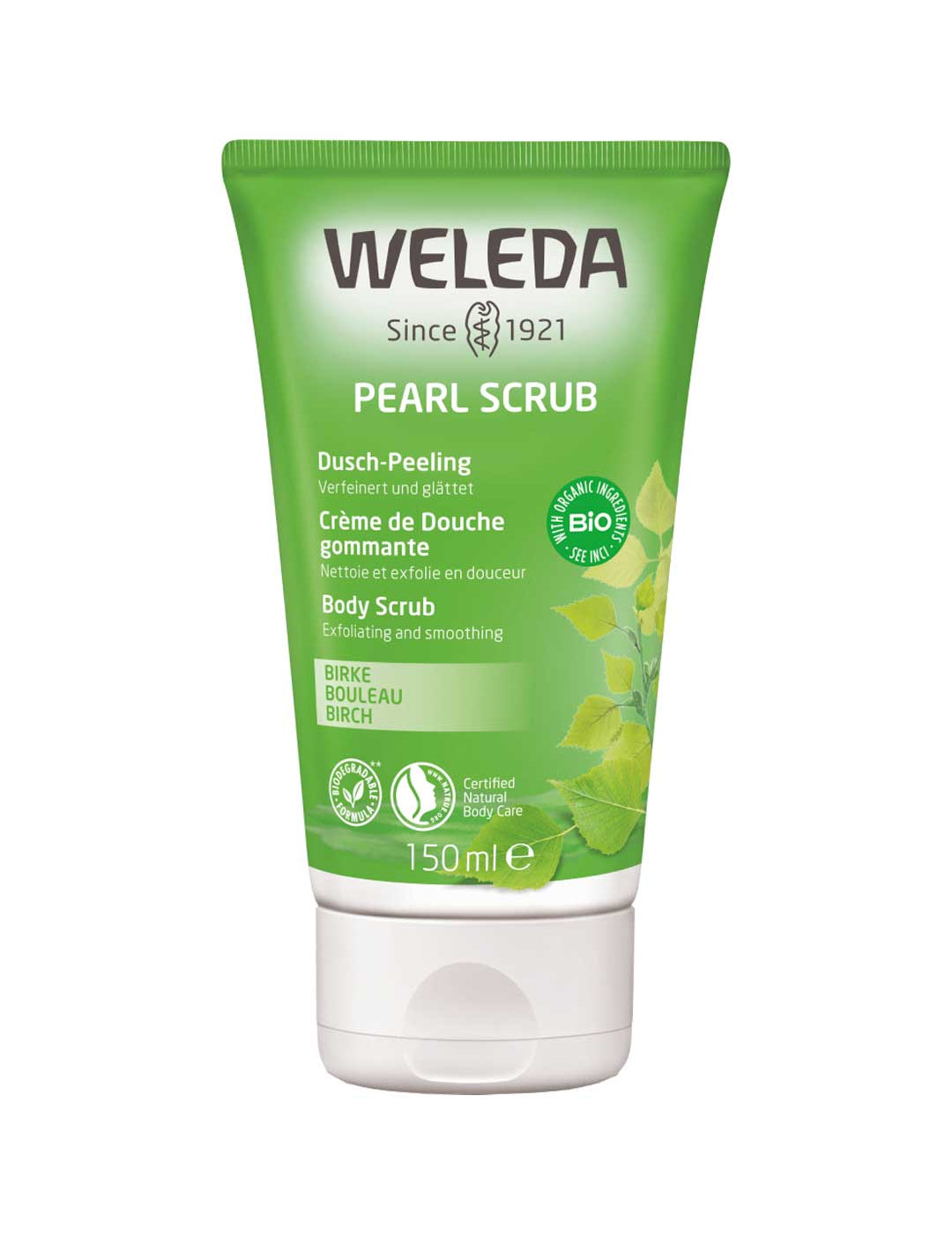 Weleda Birch Pearl Body Scrub 150ml comes in green packaging with birch leaves, multilingual text, and highlights its natural, vegan formula for exfoliating and smoothing skin.
