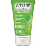 Weleda Birch Pearl Body Scrub 150ml comes in green packaging with birch leaves, multilingual text, and highlights its natural, vegan formula for exfoliating and smoothing skin.