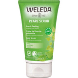 Weleda Birch Pearl Body Scrub 150ml comes in green packaging with birch leaves, multilingual text, and highlights its natural, vegan formula for exfoliating and smoothing skin.