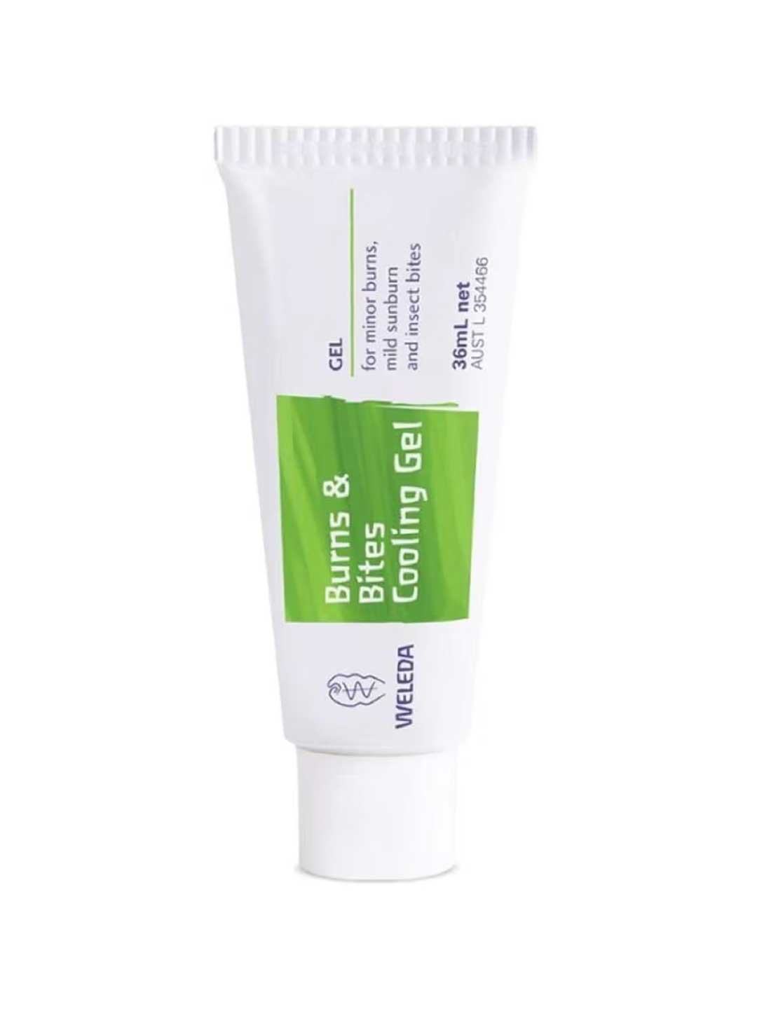 Weleda Burns & Bites Cooling Gel 36ml comes in a white tube with a green label, formulated to soothe minor burns, mild sunburn, and insect bites.