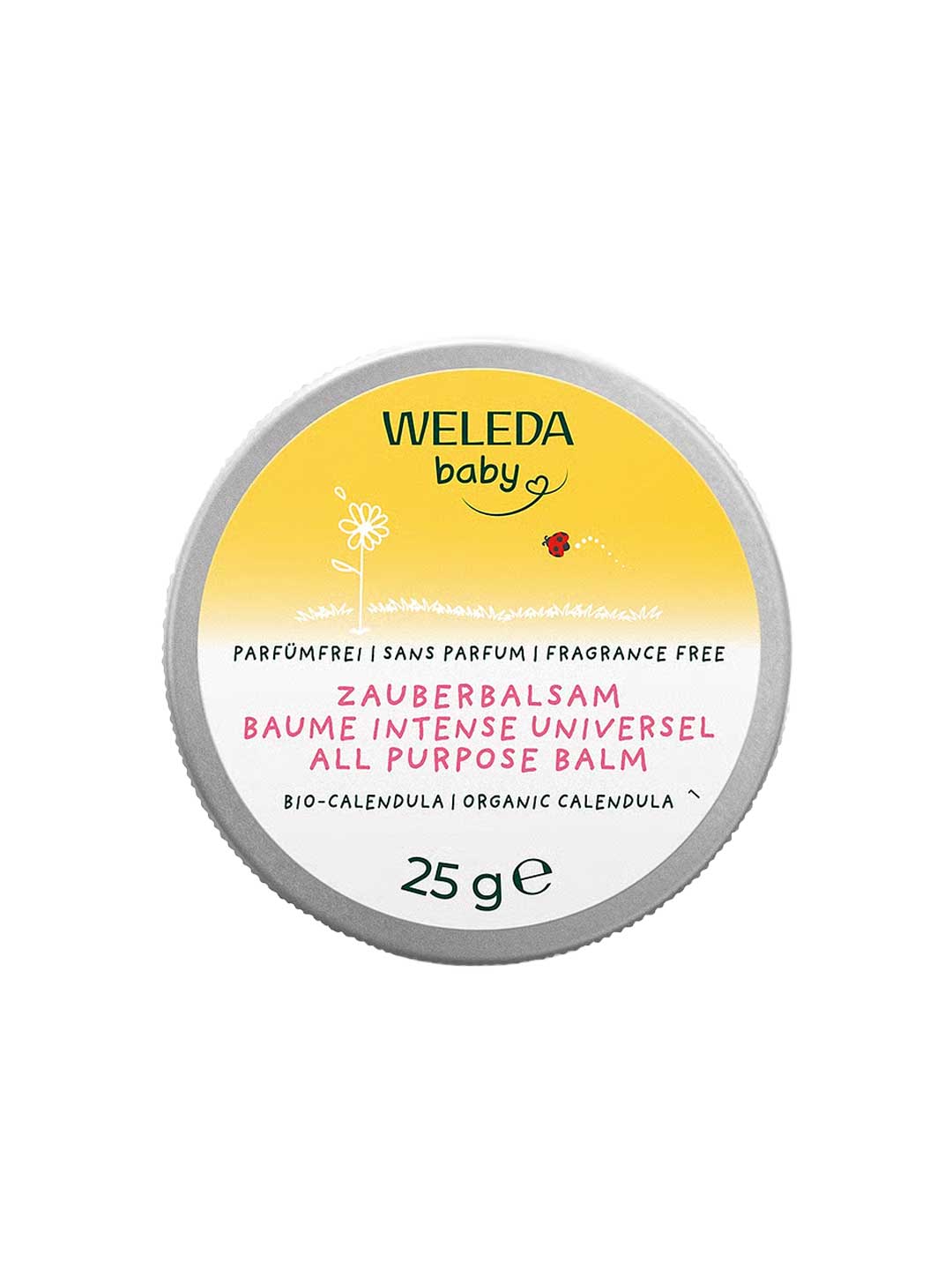 Weleda Calendula All Purpose Balm 25g comes in a round tin with a yellow lid featuring a ladybug and multilingual text. This fragrance-free balm soothes dry skin patches and contains organic calendula.
