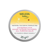 Weleda Calendula All Purpose Balm 25g comes in a round tin with a yellow lid featuring a ladybug and multilingual text. This fragrance-free balm soothes dry skin patches and contains organic calendula.