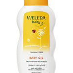 Weleda Calendula fragrance-free Baby Oil in a white bottle with curved sides, a yellow flip-top cap and a yellow label illustrated with a flower and ladybird.