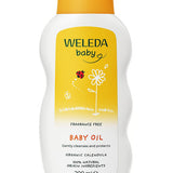 Weleda Calendula fragrance-free Baby Oil in a white bottle with curved sides, a yellow flip-top cap and a yellow label illustrated with a flower and ladybird.