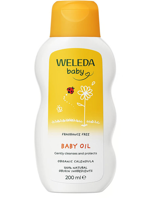 Weleda Calendula fragrance-free Baby Oil in a white bottle with curved sides, a yellow flip-top cap and a yellow label illustrated with a flower and ladybird.