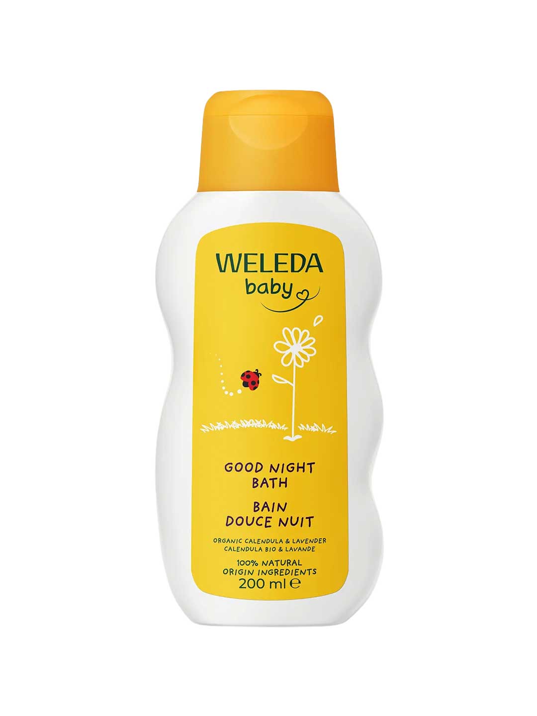 A white bottle of Calendula Good Night Bath Baby 200ml with a yellow label featuring a flower and ladybug offers a calming bath for sleep support. Text is in English and French.