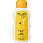 A white 200ml bottle of Weleda Calendula Good Night Bath Baby with a yellow cap and label, featuring a flower and ladybug illustration. This soothing baby bath contains organic calendula and lavender—perfect for bedtime.