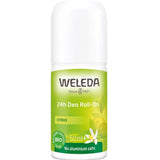 Weleda Citrus 24h Deo Roll-On Deodorant 50ml is an aluminium-free, natural deodorant with organic ingredients and citrus flower imagery, offering 24-hour protection in a white and green bottle.