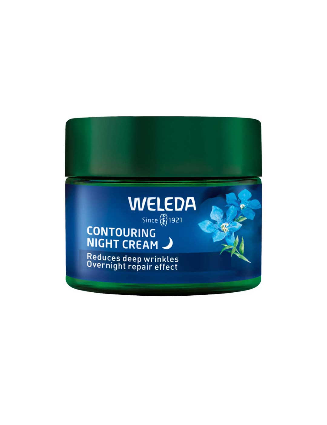 A 40ml jar of Weleda Contouring Night Cream Blue Gentian & Edelweiss with a dark green lid and blue label. This anti-aging formula reduces deep wrinkles and supports overnight skin barrier repair for smoother, revitalized skin.
