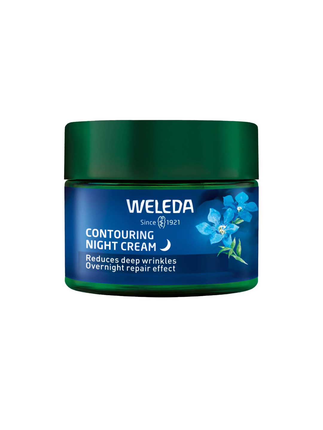 A 40ml jar of Weleda Contouring Night Cream Blue Gentian & Edelweiss with a dark green lid and blue label. This anti-aging formula reduces deep wrinkles and supports overnight skin barrier repair for smoother, revitalized skin.