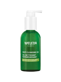 A green 150ml bottle of Weleda Deep Cleansing Gel with a white pump features English and French text highlighting its natural formula with aloe vera and witch hazel water.