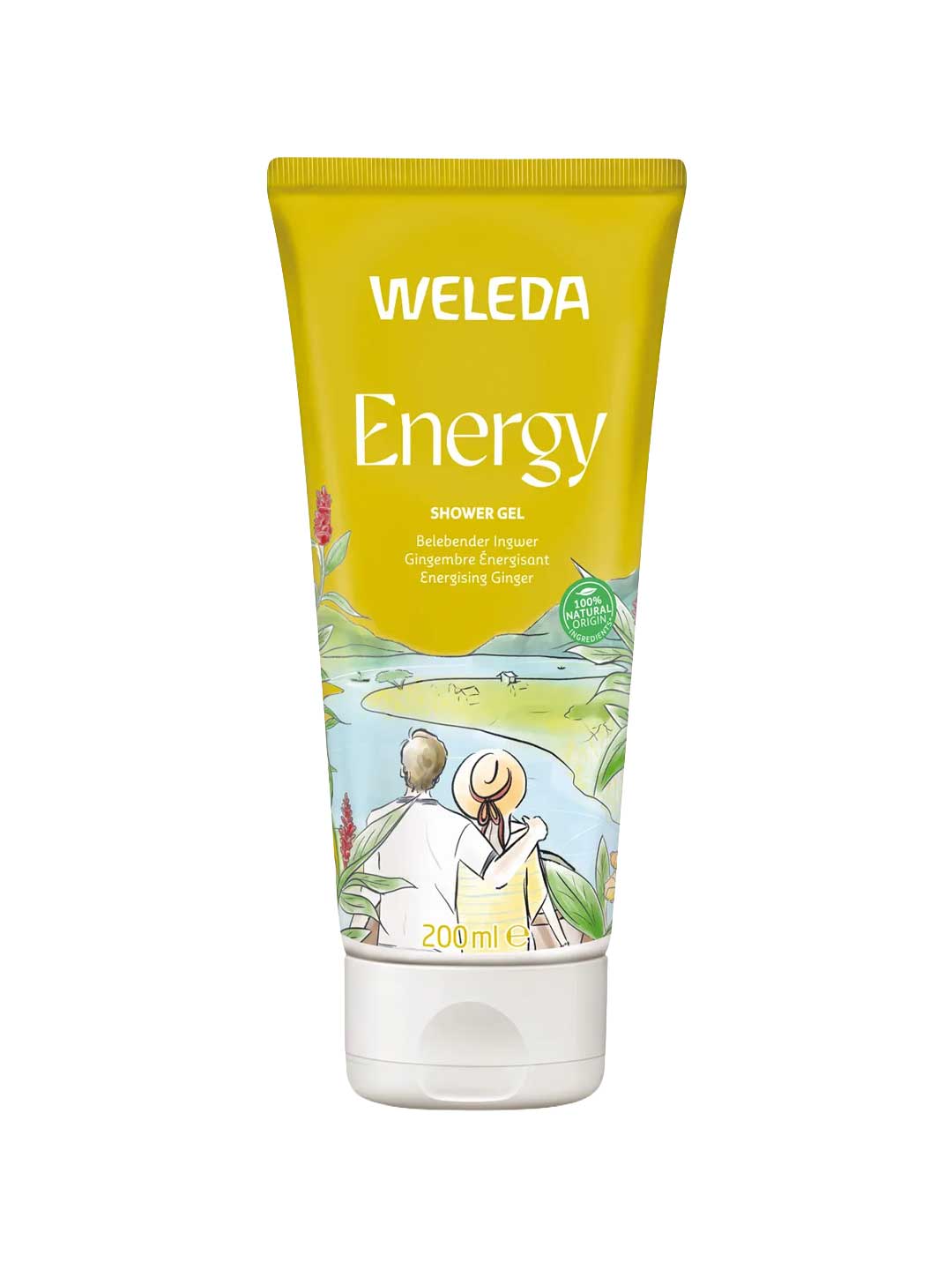 A 200ml yellow tube of Weleda Energy Shower Gel Ginger, with natural fragrance and an illustration of two people by a riverside with greenery and red flowers. The label notes energizing ginger for a refreshing shower experience.