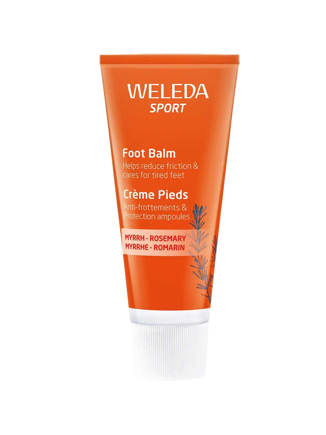 A 75ml orange tube of Weleda Foot Balm with a white cap, labeled in English and French, features myrrh and rosemary to soften tough skin and refresh dry, tired feet after activity.