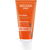 A 75ml orange tube of Weleda Foot Balm with a white cap, labeled in English and French, features myrrh and rosemary to soften tough skin and refresh dry, tired feet after activity.
