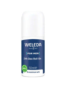 Weleda For Men 24h Roll-On Deodorant 50ml is a natural deodorant with organic ingredients, free from aluminum salts, and comes in a bottle with a white cap and blue label.