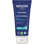 Weleda For Men Active Fresh 3 in 1 Shower Gel 200ml is a natural wash for face, body, and hair with eucalyptus & vetiver. Comes in blue packaging featuring product info and certification logos.