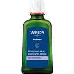 A green 150ml bottle of Weleda For Men After Shave Balm with a blue label and white cap that calms, cools, hydrates, and protects skin after shaving.