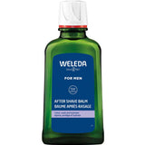 A green 150ml bottle of Weleda For Men After Shave Balm with a blue label and white cap that calms, cools, hydrates, and protects skin after shaving.