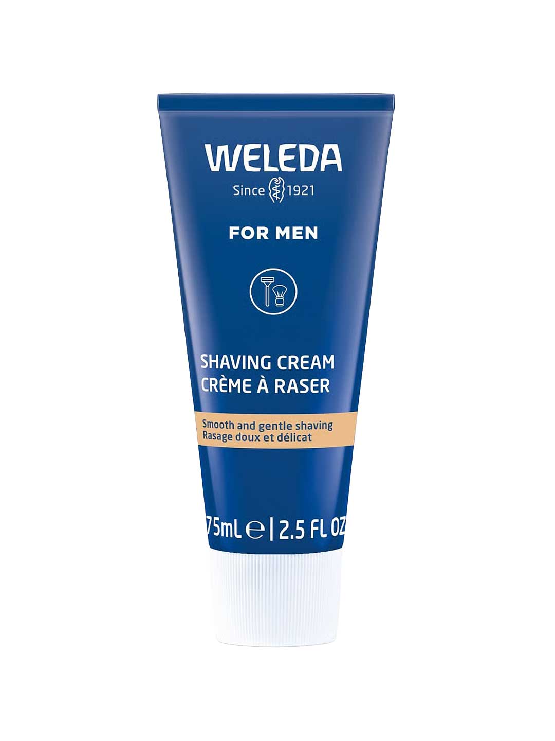 A 75ml tube of Weleda For Men Shaving Cream for sensitive skin, featuring a blue design with a white cap and minimalist white text, labeled "Smooth and gentle shaving" in English and French.