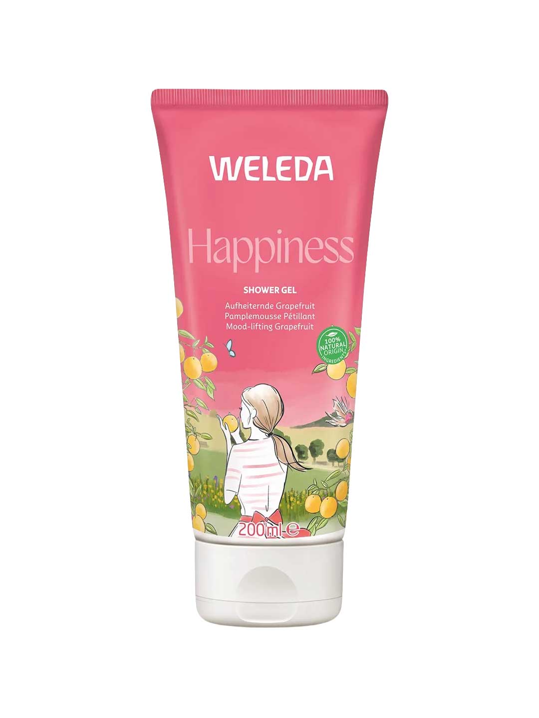 Weleda Happiness Shower Gel Grapefruit 200ml comes in a pink tube with an illustration of a woman amid grapefruit and flowers, featuring a mood-lifting natural grapefruit fragrance.