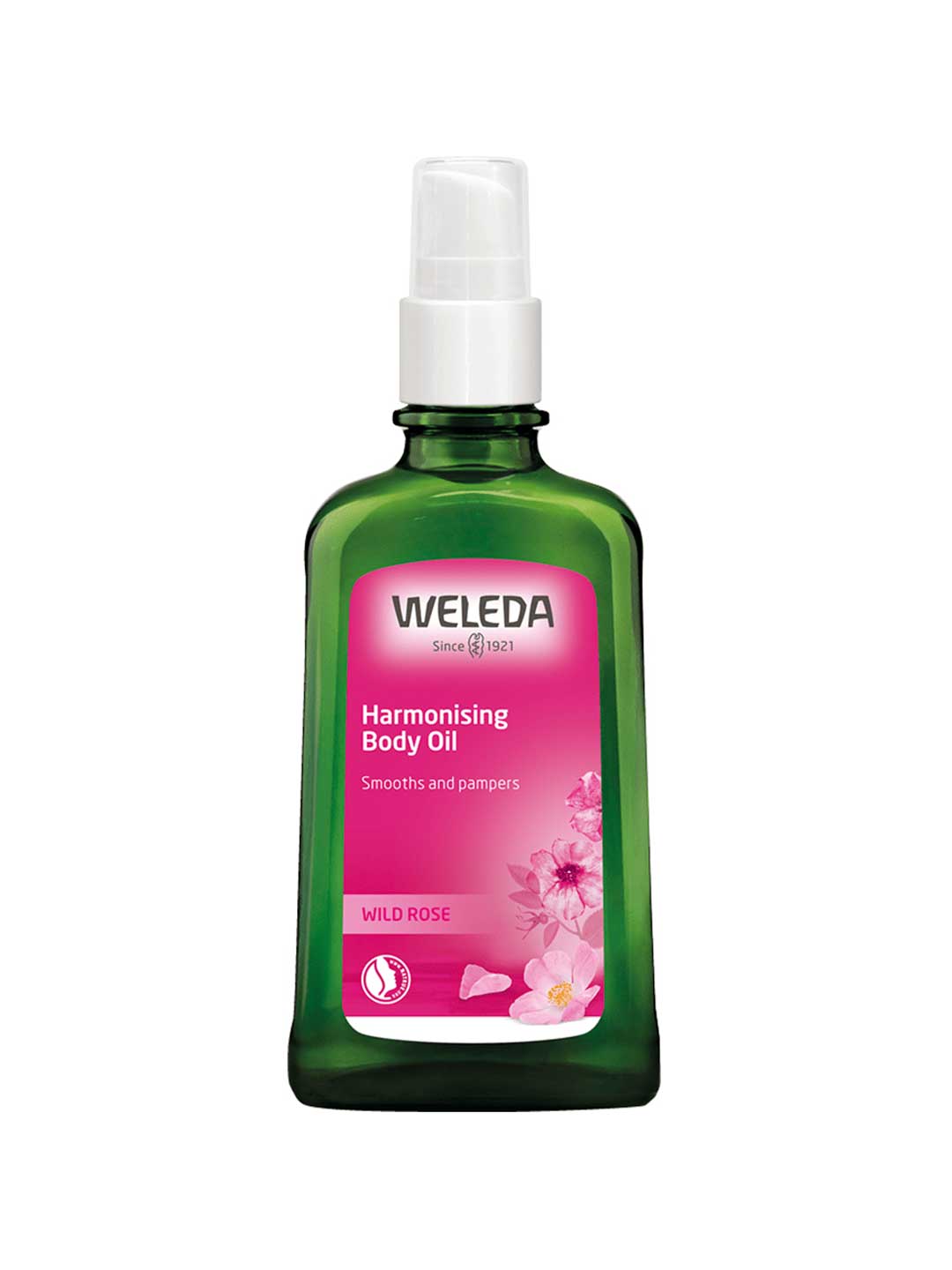 Weleda Harmonising Wild Rose Body Oil 100ml comes in a green bottle with a white pump and pink label adorned with wild rose flowers—ideal for anyone seeking nourishing, natural body oil.