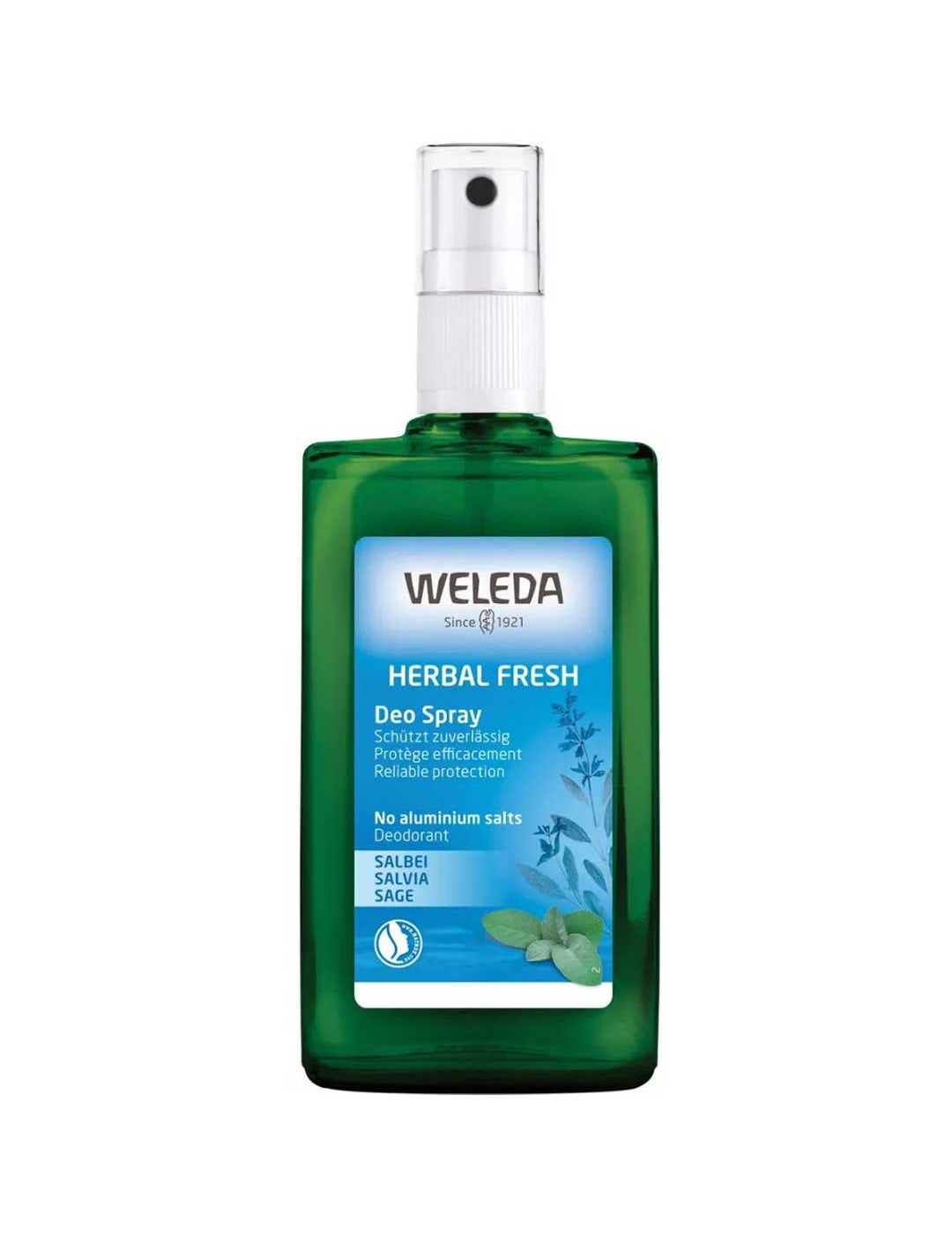 Weleda Herbal Fresh deodorant spray bottle on a white background