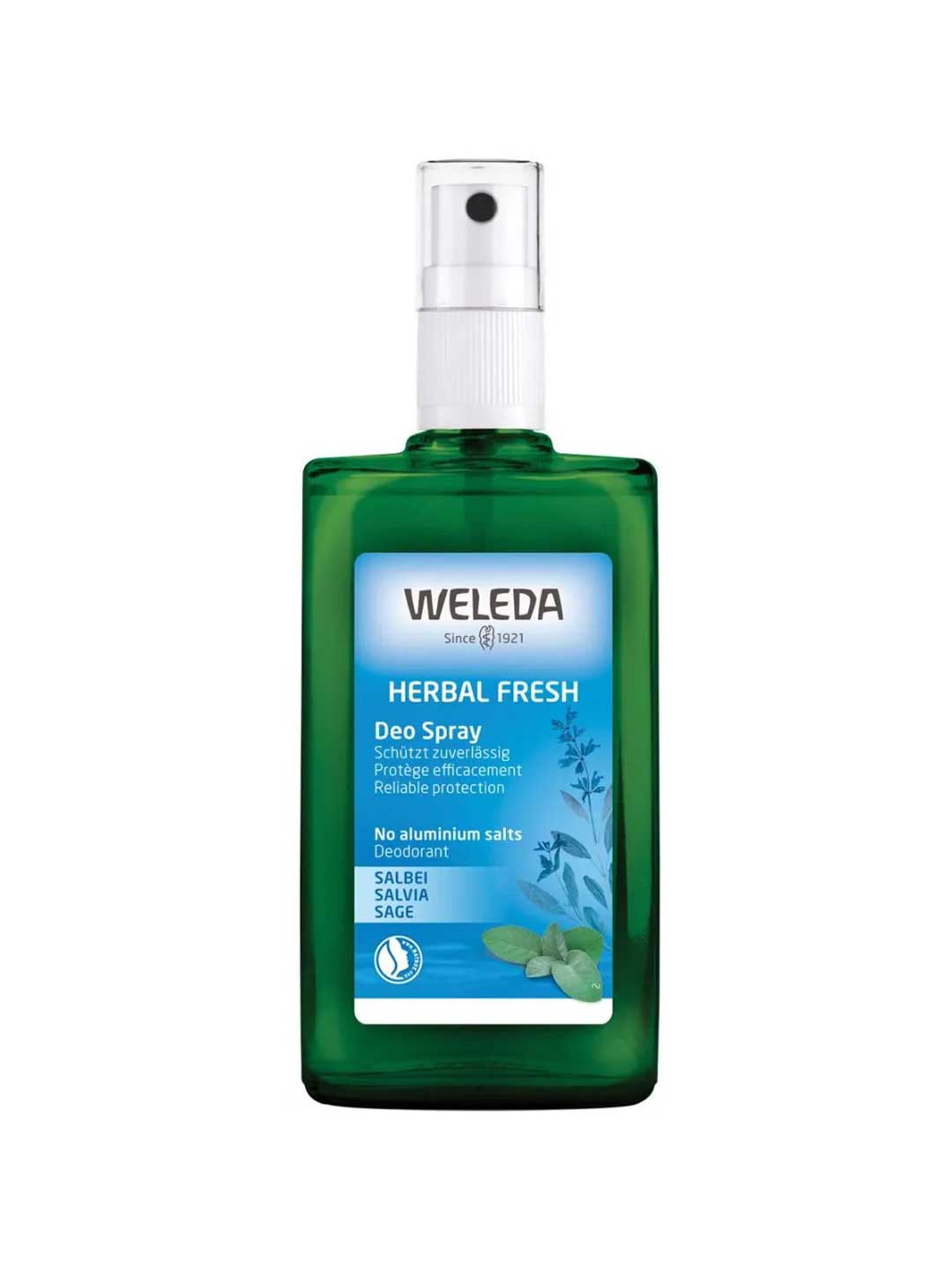 Weleda Herbal Fresh deodorant spray bottle on a white background