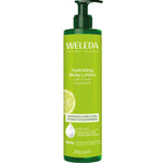 Weleda hydrating body lotion bottle on a white background