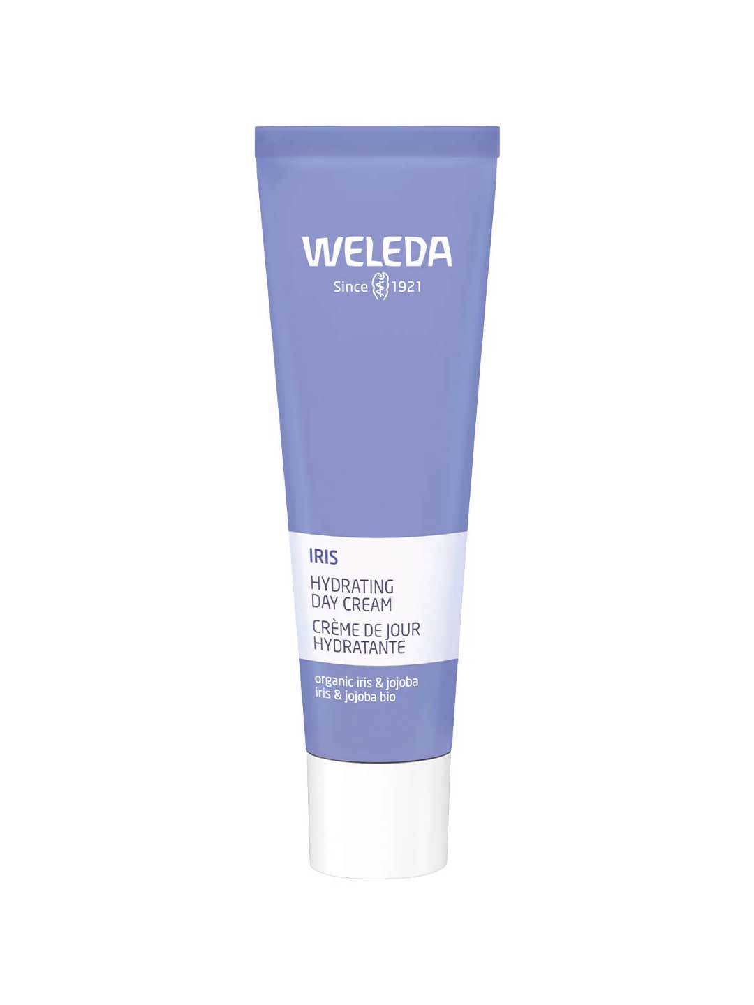 A purple and white 30ml tube of Weleda Iris Hydrating Day Cream, a moisturiser for dry, dehydrated skin, with the brand name and product details displayed in white text on the front.