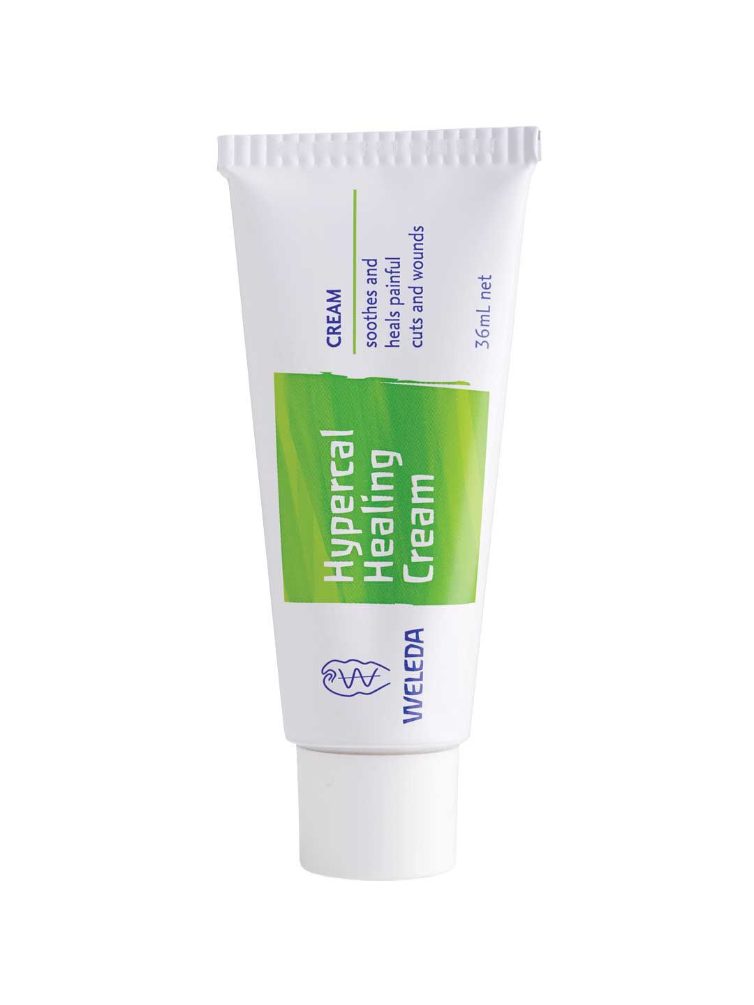 Weleda Hypercal Healing Cream 36ml comes in a white tube with a green label and white cap. Ideal for natural first aid, it soothes and relieves painful cuts and wounds, as noted on the label.