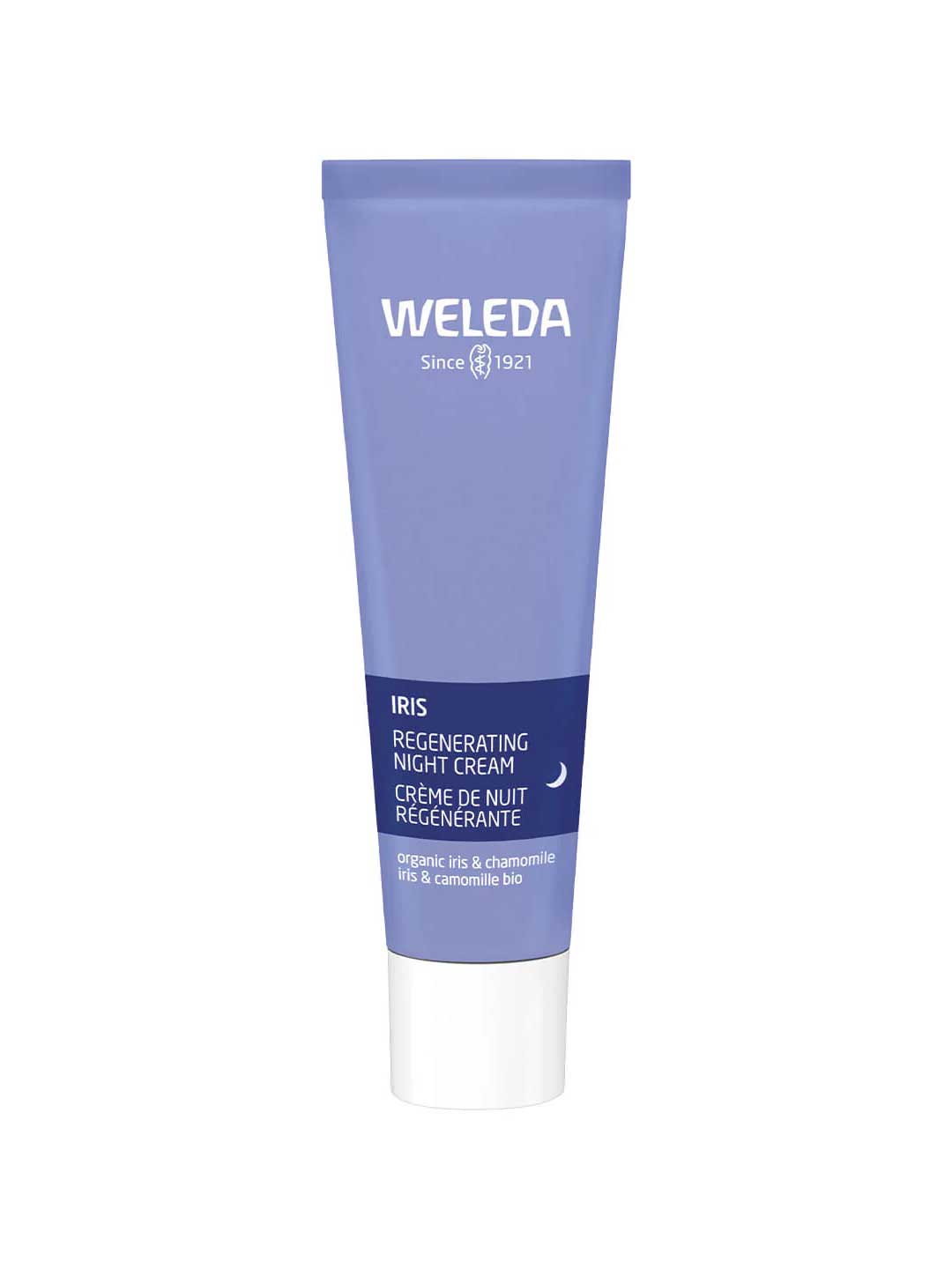 A 30ml blue tube of Weleda Iris Regenerating Night Cream with white and light blue text stands upright on a white background—ideal for sensitive skin and overnight moisture restoration, with organic iris and chamomile.