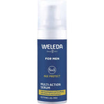 Weleda Men 5in1 Multi-Action Serum 30ml offers antioxidant benefits, 24h moisture, wrinkle reduction, improved firmness, and oil-free skin care for men. Comes in a blue bottle with white pump dispenser.