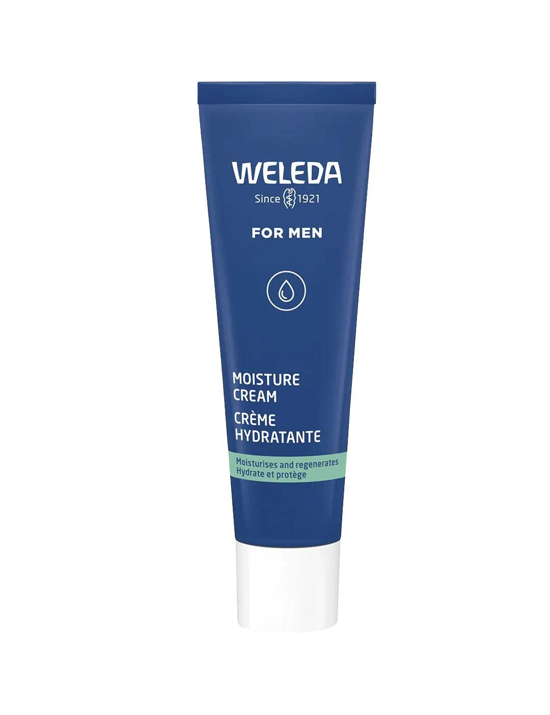 A blue tube of Weleda Moisture Cream Men 30ml with white text and a green label stands upright against a white background.