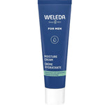 A blue tube of Weleda Moisture Cream Men 30ml with white text and a green label stands upright against a white background.