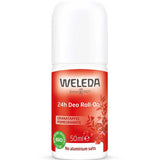 Weleda Pomegranate 24h Roll-On Deodorant 50ml comes in a red and white bottle. This natural, aluminium-free deodorant features a green organic certification seal on its label.
