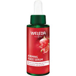 Weleda Pomegranate Firming Face Serum 30ml features a green dropper cap and red label with pomegranate artwork. This anti-ageing serum with Pomegranate Seed Oil visibly reduces lines, wrinkles, and boosts skin vitality.