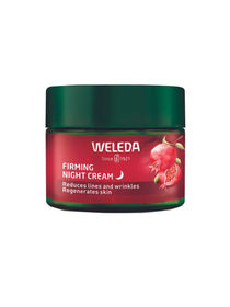 Weleda Pomegranate Firming Night Cream 40ml, with a dark green lid and red label with pomegranate graphic, reduces lines and wrinkles, regenerates skin overnight, and is ideal for mature skin.