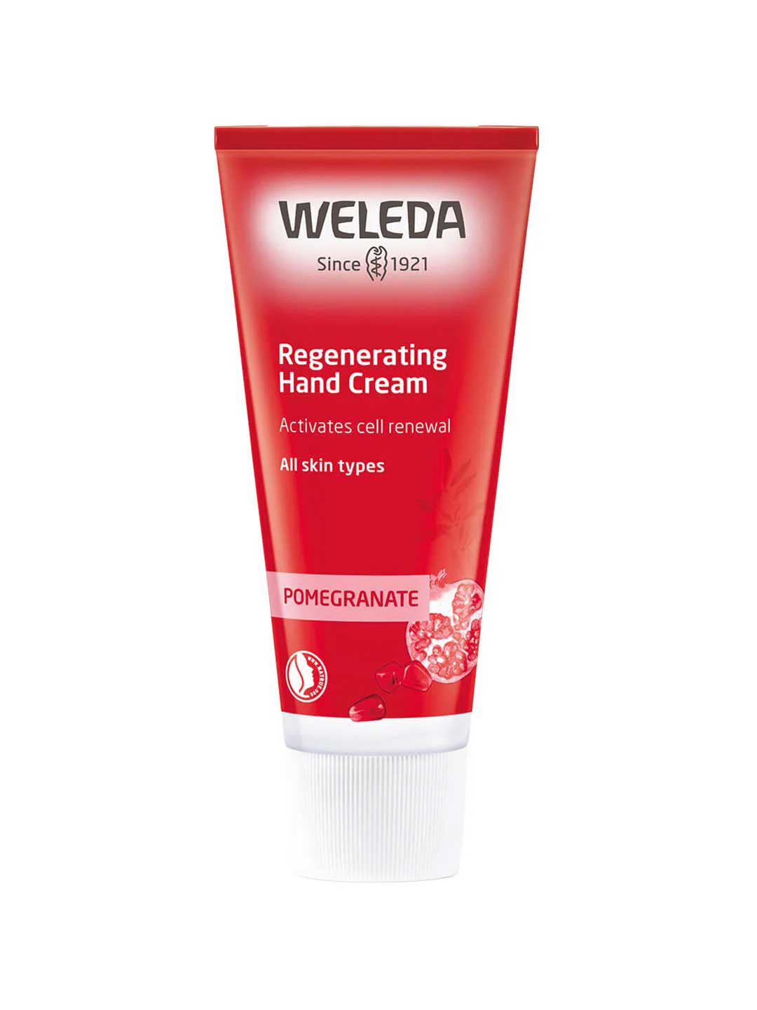 A red tube of Weleda Pomegranate Regenerating Hand Cream 50ml for all skin types, featuring the brand logo, product name, and pomegranate seeds— a natural vegan hand cream for nourished skin.