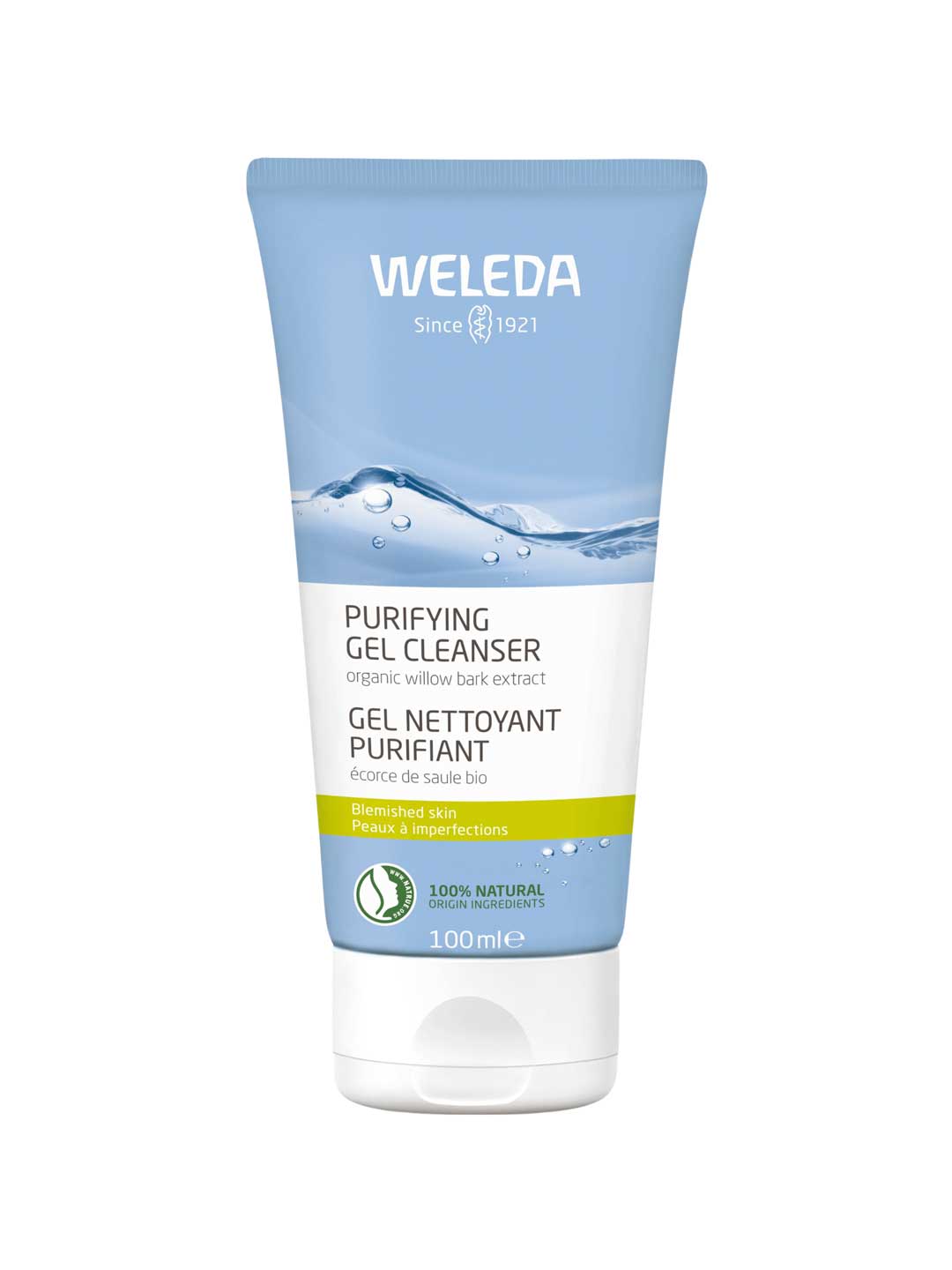 Weleda Purifying Gel Cleanser 100ml features organic willow bark and is formulated as a natural cleanser for blemished or acne-prone skin. The blue and white tube displays green accents and the Weleda logo at the top.