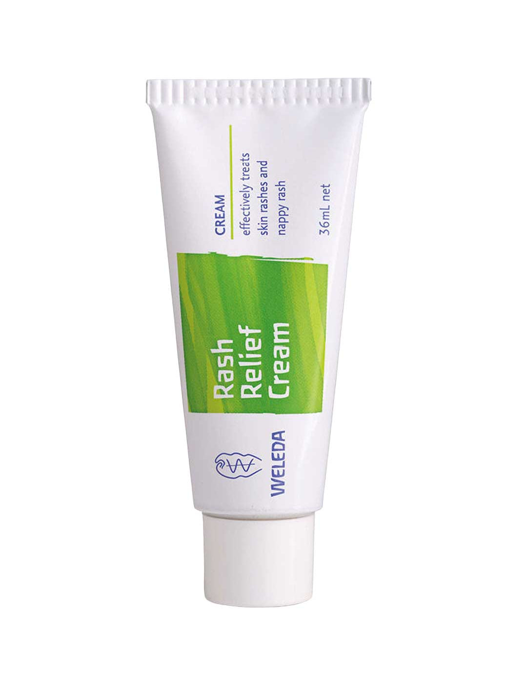 A 36ml white tube of Weleda Rash Relief Cream with a green design, blue text, and white screw cap; formulated for skin irritation, eczema, and nappy rash.