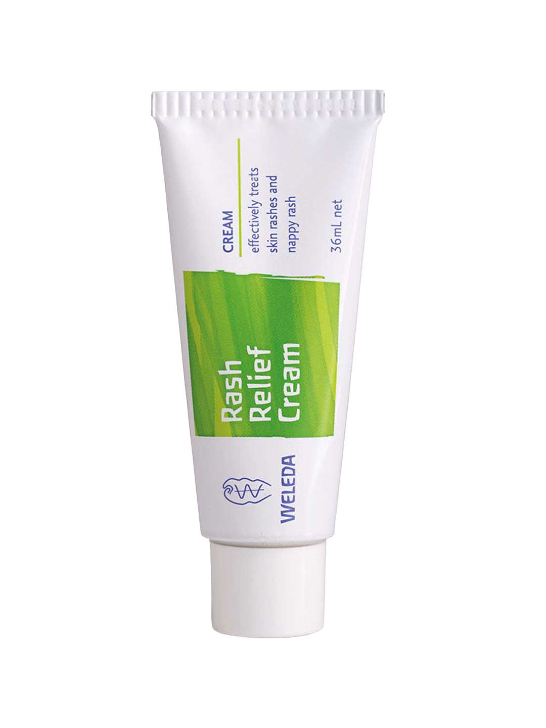A 36ml white tube of Weleda Rash Relief Cream with a green design, blue text, and white screw cap; formulated for skin irritation, eczema, and nappy rash.