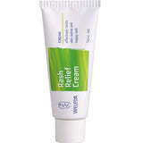 A 36ml white tube of Weleda Rash Relief Cream with a green design, blue text, and white screw cap; formulated for skin irritation, eczema, and nappy rash.