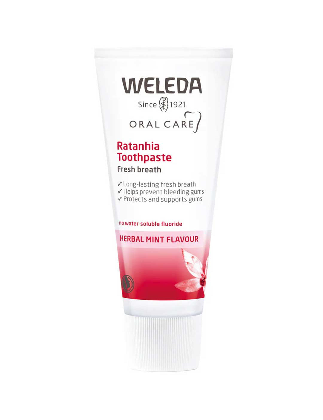 Weleda Ratanhia Toothpaste fluoride-free herbal toothpaste tube with wild ratanhia root and myrrh on a white background