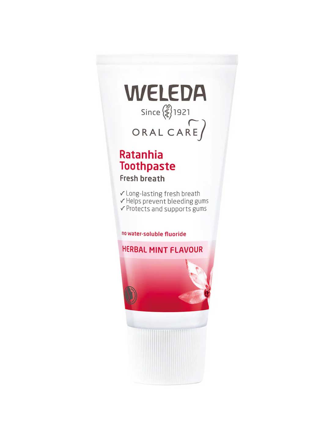 Weleda Ratanhia Toothpaste fluoride-free herbal toothpaste tube with wild ratanhia root and myrrh on a white background