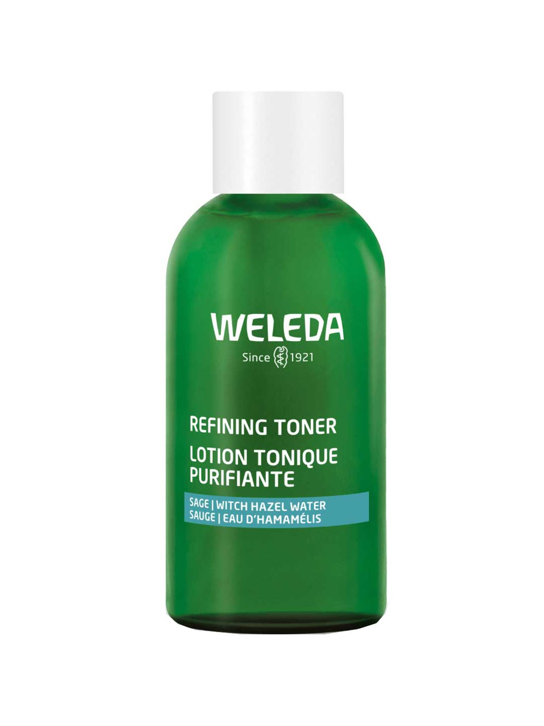 A green 150ml bottle of Weleda Refining Toner with a white cap and label reads “WELEDA Since 1921 Refining Toner Sage.” This clarifying toner uses witch hazel water to refine pores for a fresh, purified complexion.
