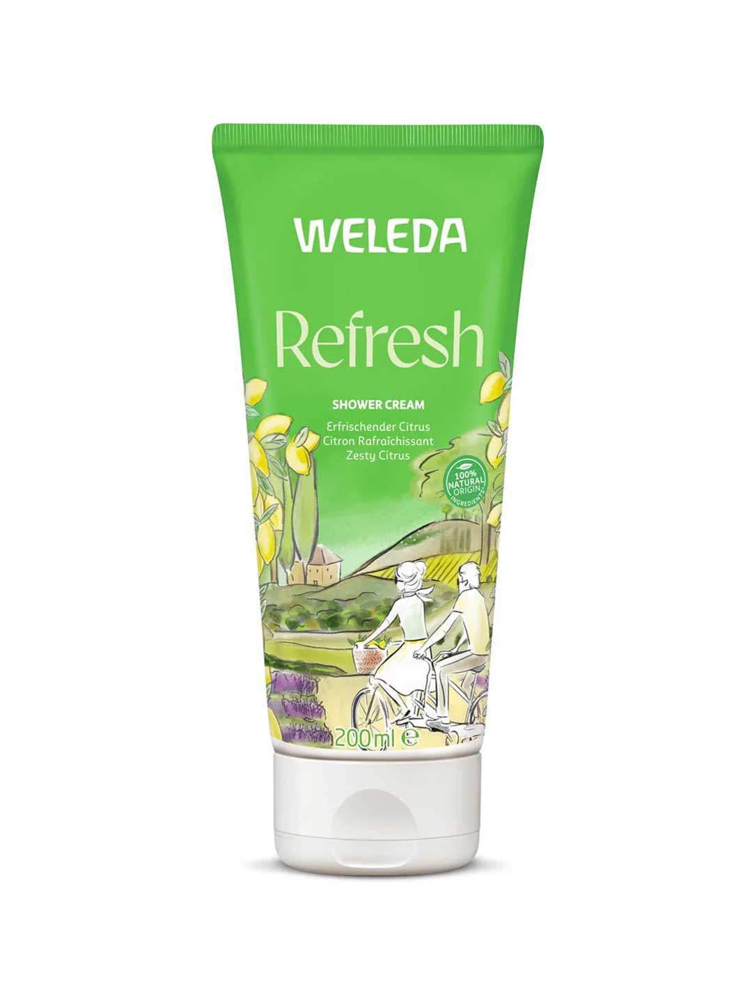 A green 200 ml tube of Weleda Refresh Citrus Body Wash, a natural cleanser with a citrus scent. The packaging shows cyclists in the countryside with lemons and lavender, emphasizing its refreshment from lemon oil.