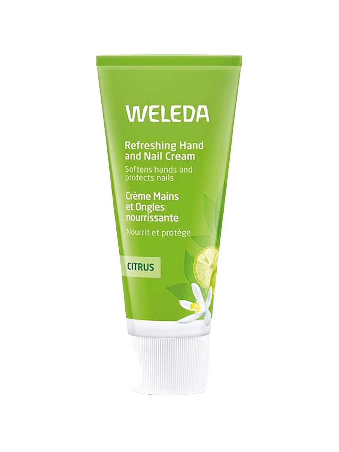 A green tube of Weleda Refreshing Hand & Nail Cream Citrus 50ml with a citrus design and white cap features English and French text. It claims to soften hands, protect nails, and nourish cuticles.