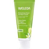 A green tube of Weleda Refreshing Hand & Nail Cream Citrus 50ml with a citrus design and white cap features English and French text. It claims to soften hands, protect nails, and nourish cuticles.