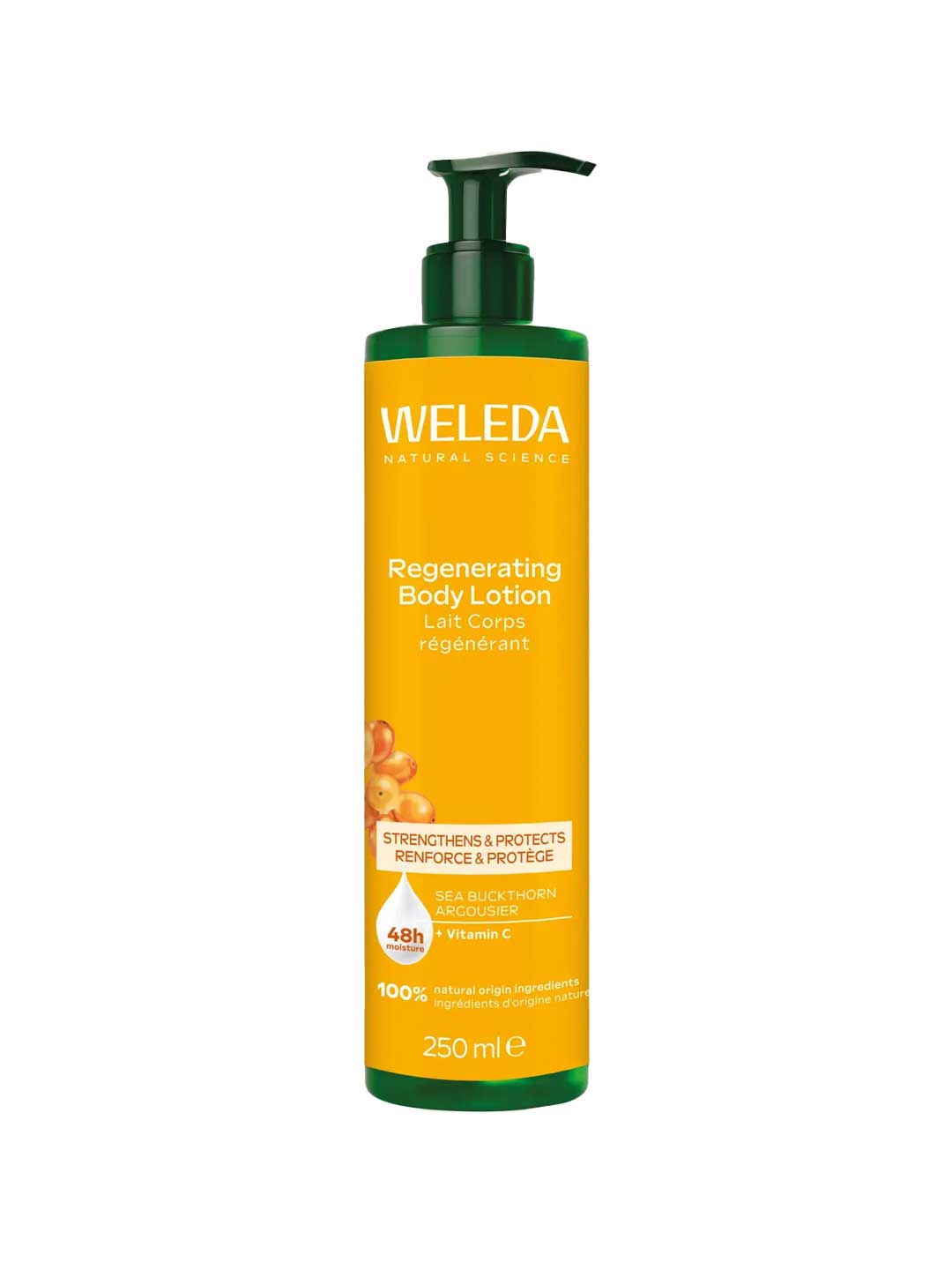 Weleda Regenerating Body Lotion Sea Buckthorn 250ml—nourish your skin with this yellow pump bottle for naturally radiant results.